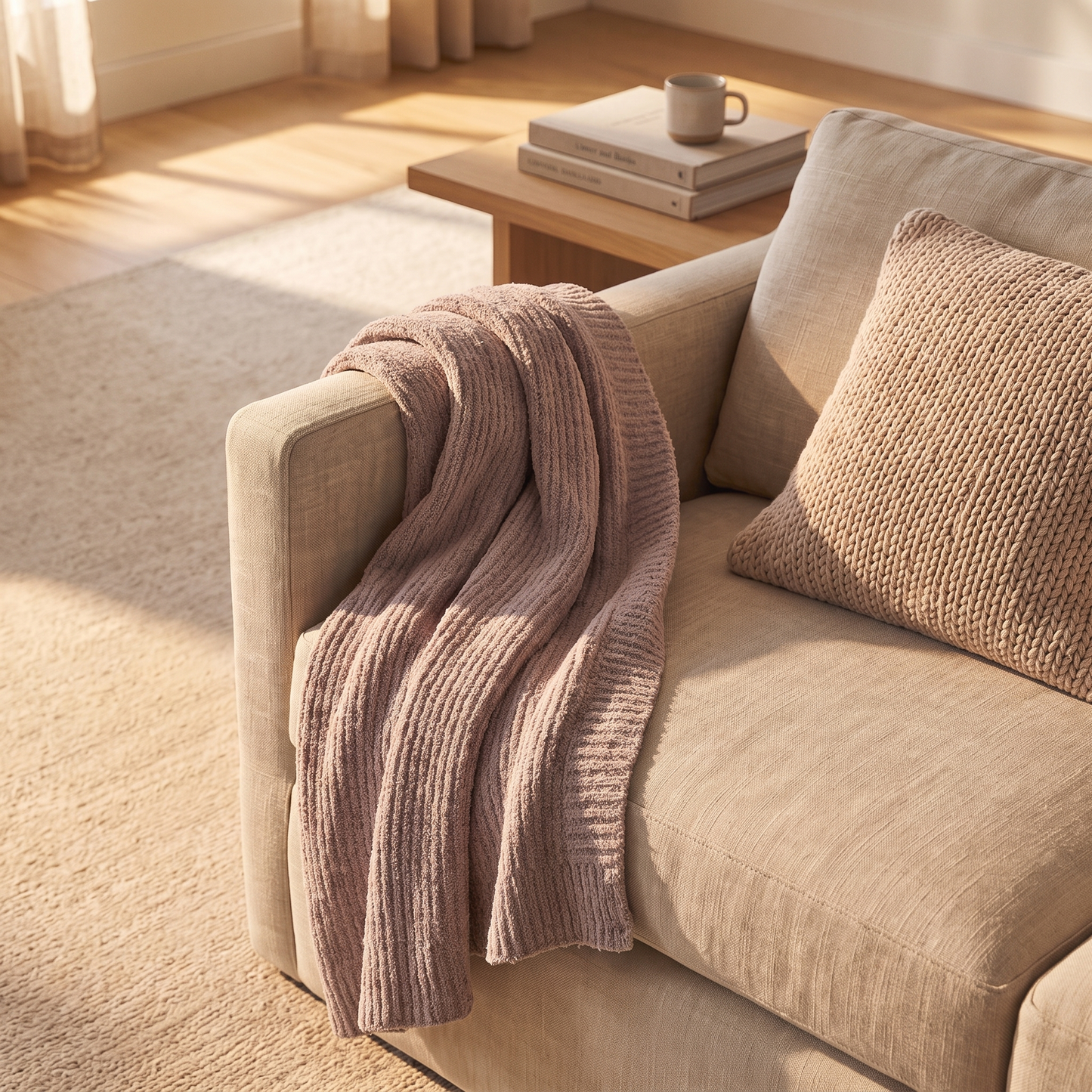 A cozy beige sofa in a sunlit room with a ribbed dusty pink throw blanket draped over the arm and a matching knit pillow, with a small wooden side table and books in the background.