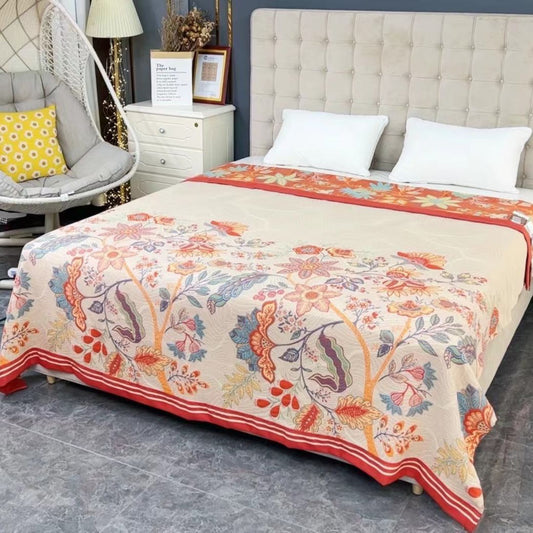 Bed with floral patterned comforter in a bedroom setting