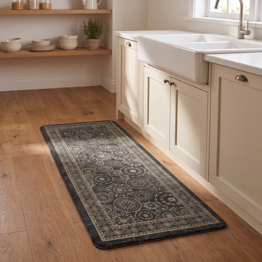 A long rectangular area rug with an ornate traditional medallion pattern in dark gray, beige, and muted blue, shown on a light brown wood floor in a bright kitchen next to a white farmhouse sink.