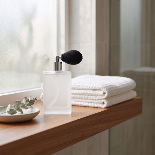 A frosted glass perfume bottle with a black spray atomizer sits on a wooden bathroom shelf next to a stack of white towels and a small dish with eucalyptus leaves.