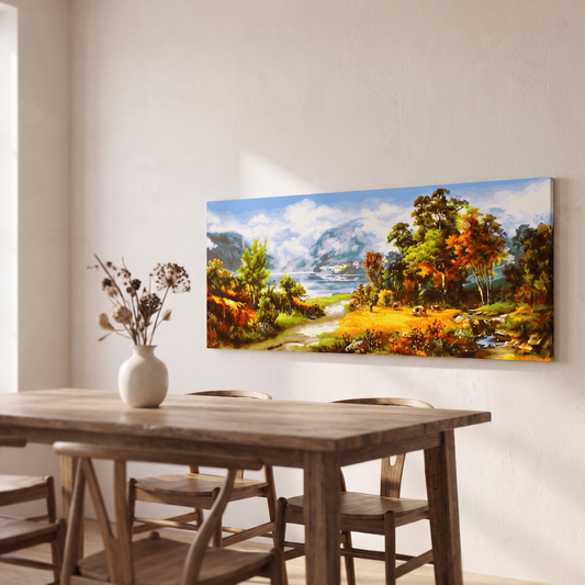 A panoramic canvas painting of a scenic mountain landscape with autumn foliage and a lake, displayed on a beige wall above a wooden dining table with chairs.