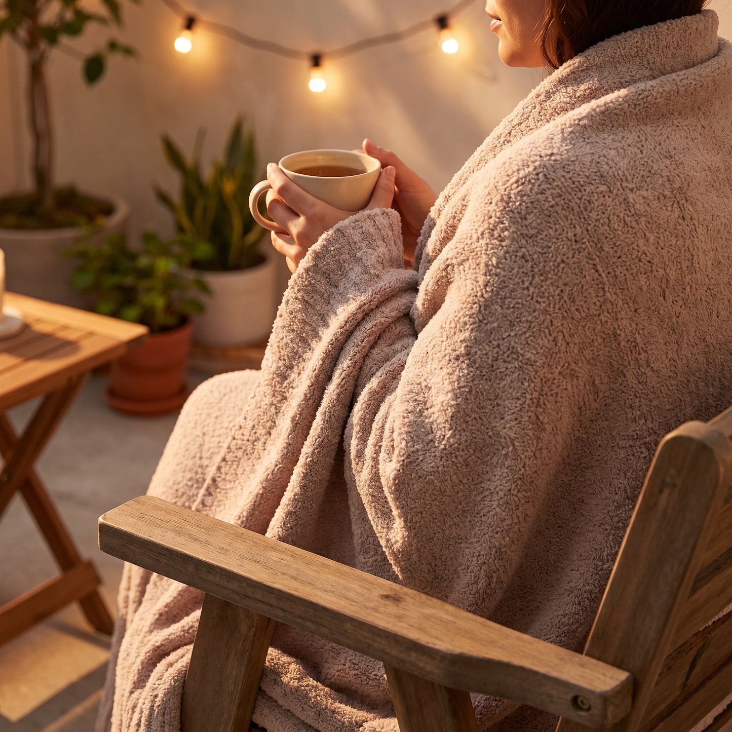 A cozy scene of a person sitting in a wooden chair, wrapped in a plush, textured taupe blanket and holding a mug, with warm string lights and potted plants in the background.