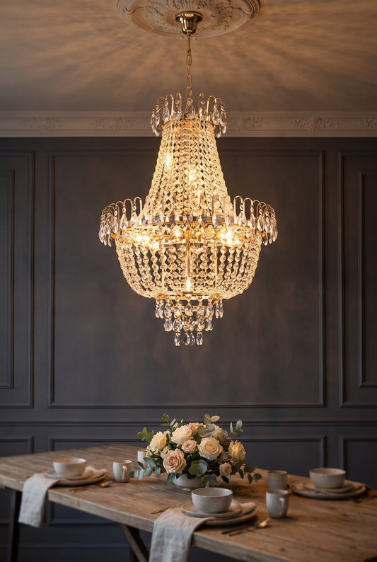 A large, ornate crystal chandelier with gold-toned metal detailing hangs from a decorative ceiling in a dining room with dark gray paneled walls and a wooden table below.