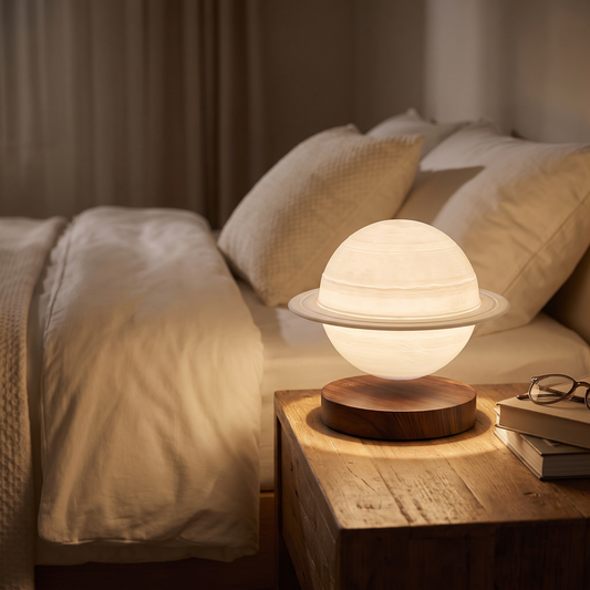 A glowing spherical table lamp with a ring detail sits on a wooden nightstand beside a bed in a softly lit bedroom.