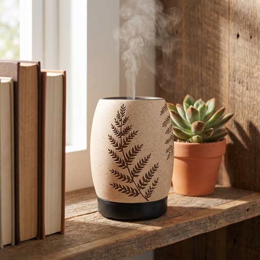 A ceramic diffuser with a speckled beige body, engraved fern leaf pattern, and a black base emitting a visible plume of steam, styled on a rustic wooden shelf next to books and a potted succulent.