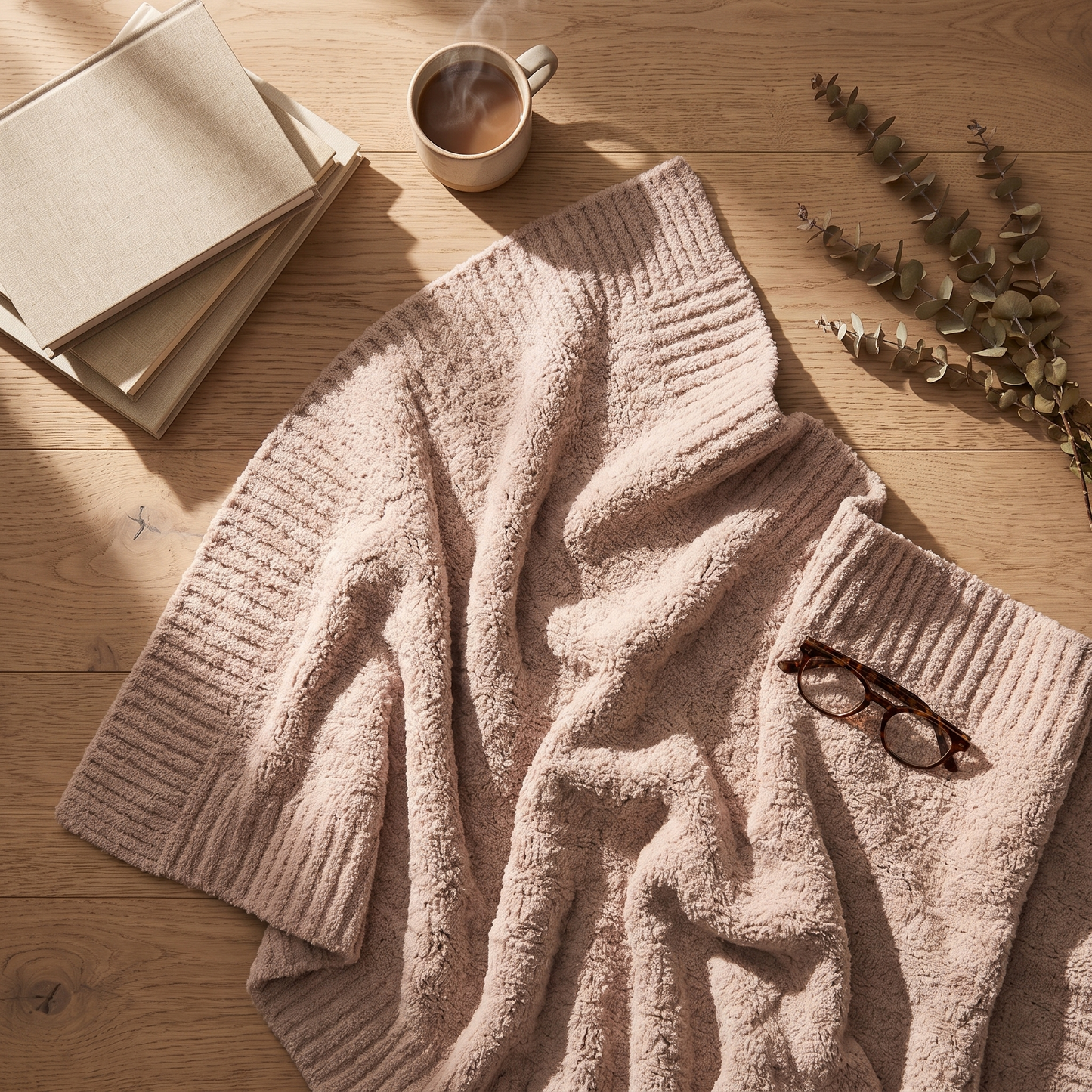 A cozy light pink ribbed knit blanket is styled in a warm, sunlit flat-lay scene on a wooden table, accompanied by a stack of books, a cup of coffee, and a pair of eyeglasses.