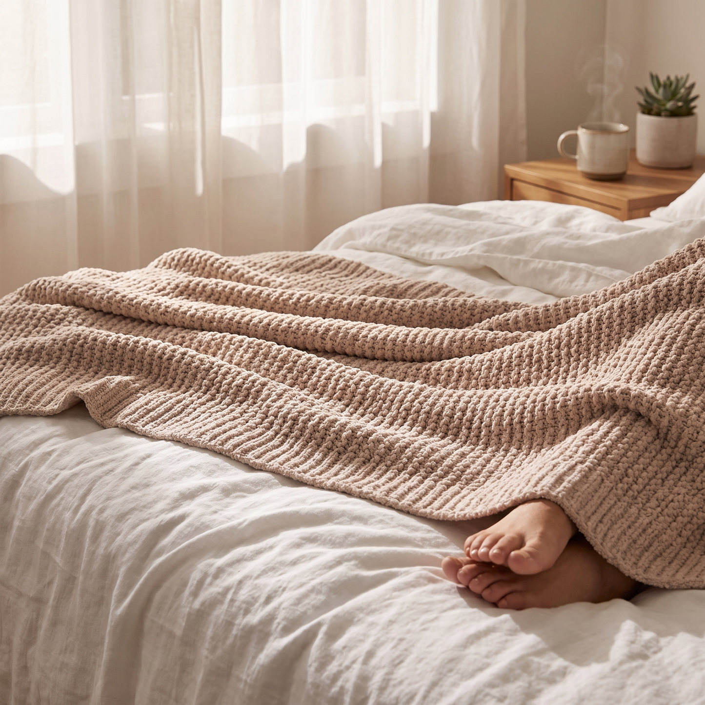 A chunky knit throw blanket in a warm taupe-beige color draped over a bed with white linens, with a person's bare feet visible underneath near the foot of the bed.