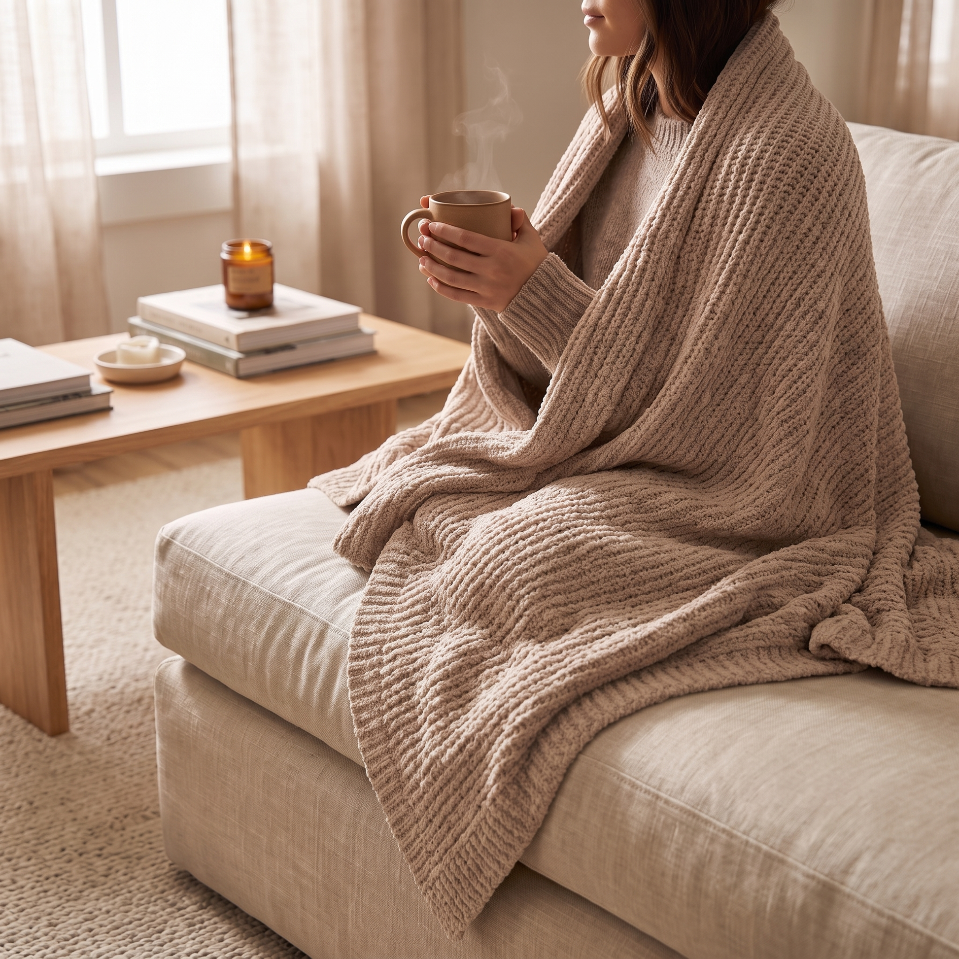 A woman sits on a beige sofa wrapped in a chunky knit blanket, holding a mug. The scene is set in a cozy living room with a wooden coffee table, books, and a candle in the background.