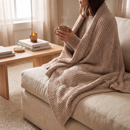 A woman sits on a beige sofa wrapped in a chunky knit blanket, holding a mug. The scene is set in a cozy living room with a wooden coffee table, books, and a candle in the background.