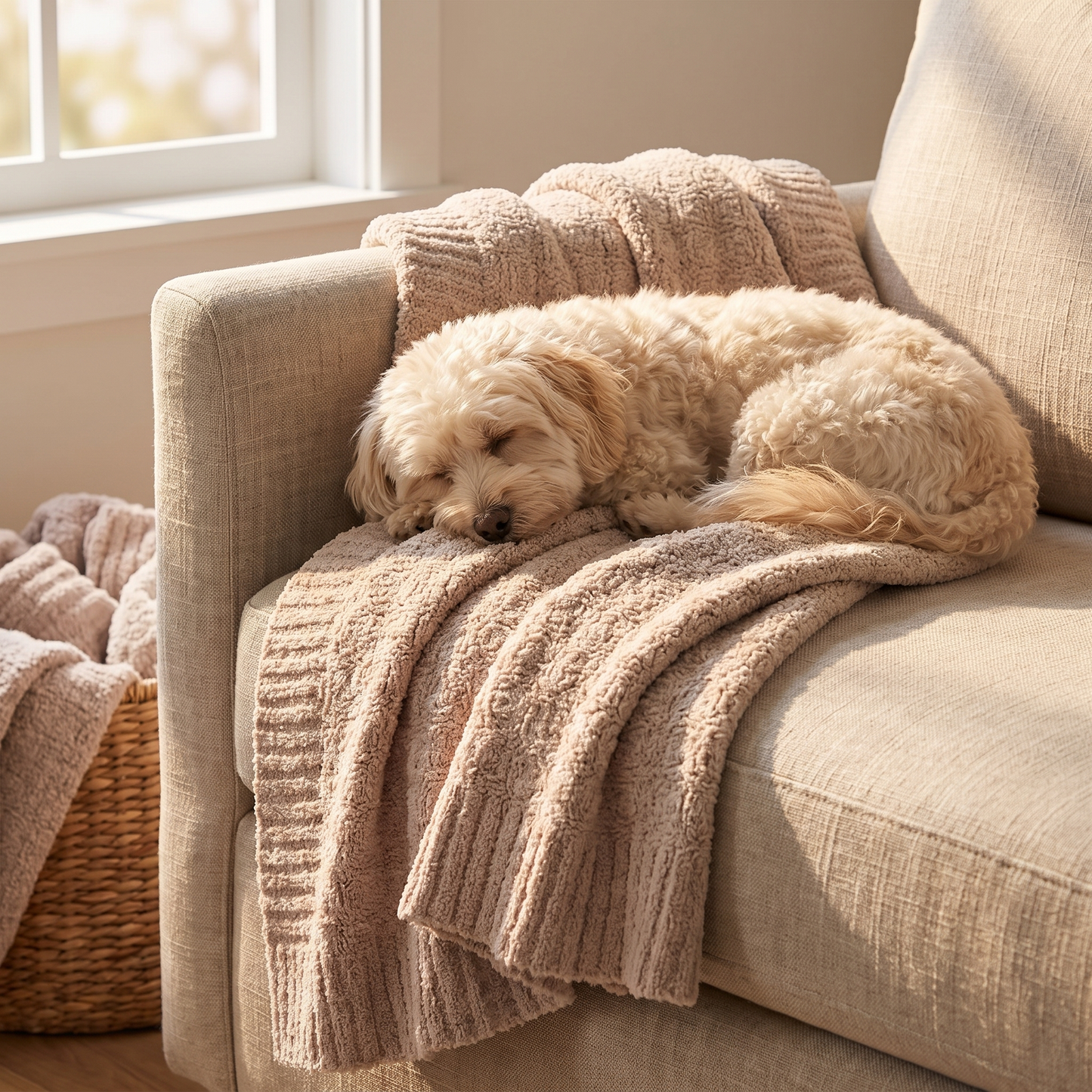A fluffy cream-colored dog rests on a beige armchair draped with a soft, textured knit blanket in warm natural sunlight.
