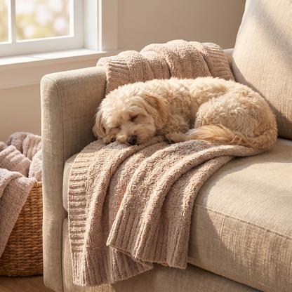 A fluffy cream-colored dog rests on a beige armchair draped with a soft, textured knit blanket in warm natural sunlight.