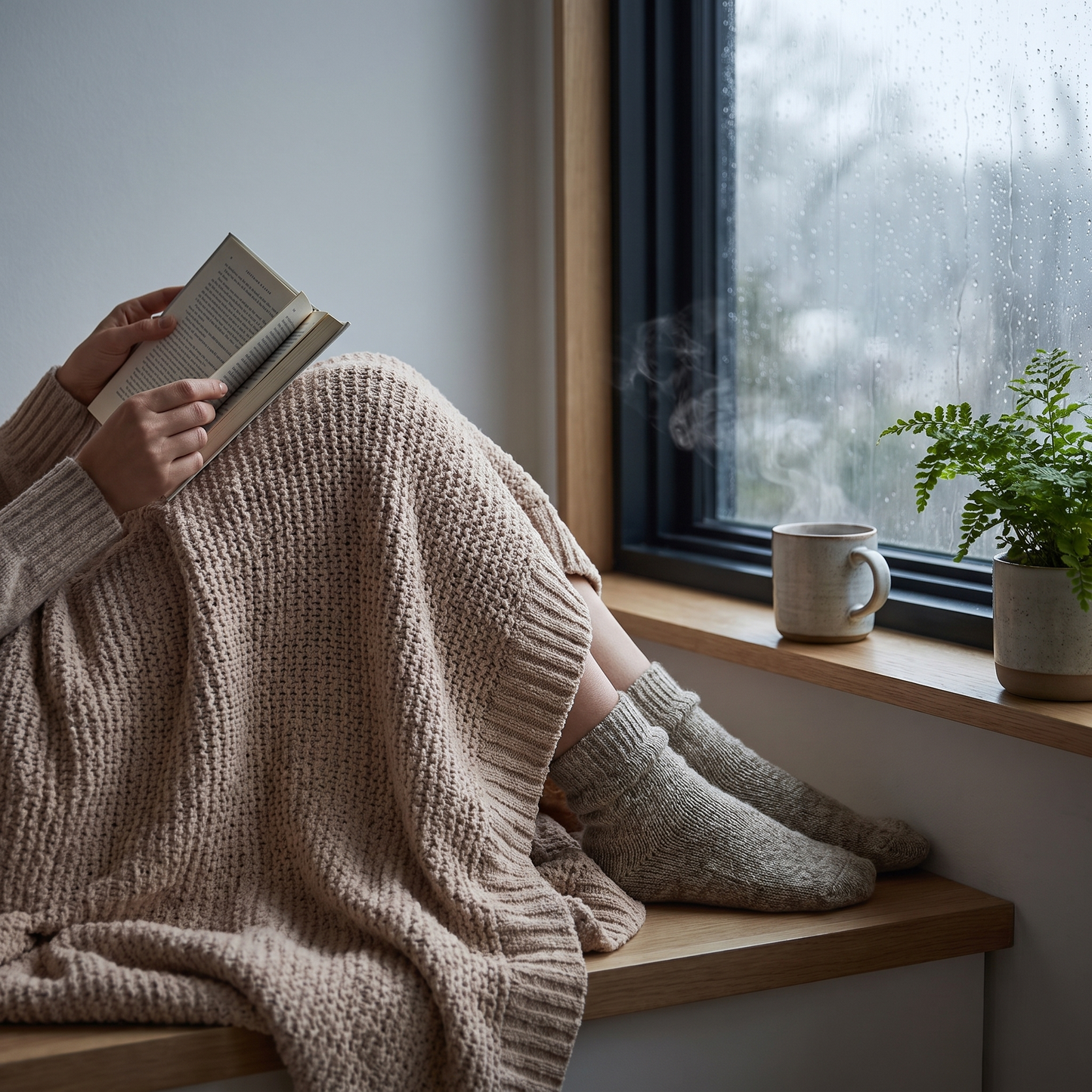 A cozy lifestyle scene of a person sitting by a rainy window, wrapped in a chunky beige knit blanket and wearing gray knit socks, holding an open book. A ceramic mug and a small potted fern sit on the wooden windowsill.